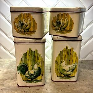 4 Vintage tin containers with chicken and rooster